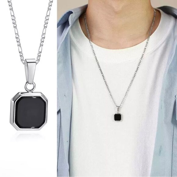 Mens Stainless Steel Figaro Chain Square Pendant Necklace 22” - Picture 2 of 2